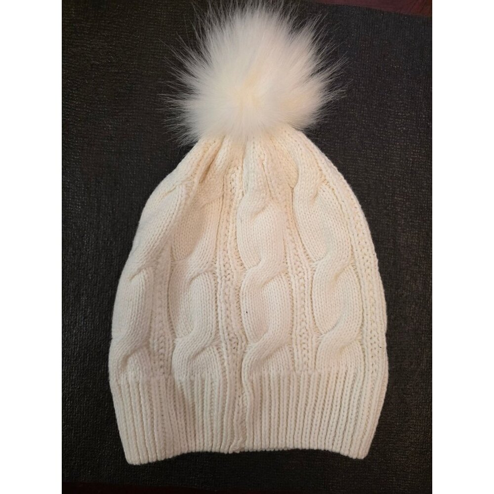 Cable Knit White Winter Beanie With Faux Fur Pom Pom By Lands End L-XL